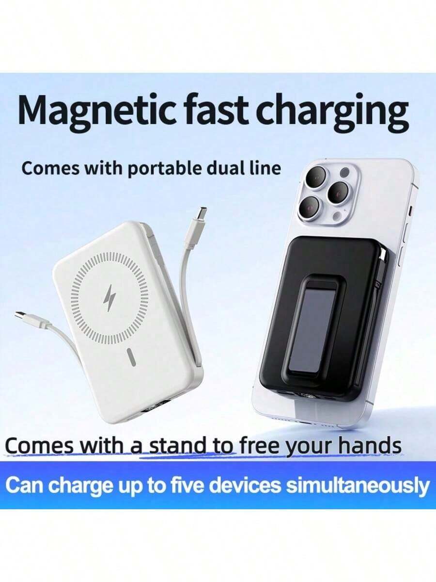 10000mAh Mini Magnetic Fast Charging Power Bank With Digital Screen LED Power Display, 2 Built-In Charging Cables, Built-In Stand Magnetic Power Bank, USB-C Portable Charger, Can Charge 5 Devices Simultaneously, Suitable For IPhone 16/15/14/13/Pro/Mini/Pro Max, Suitable For Android, Comes With Stand, Built-In Stand Magnetic Power Bank, Travel Essentials, Perfect Gift - 白色 - 查看 1