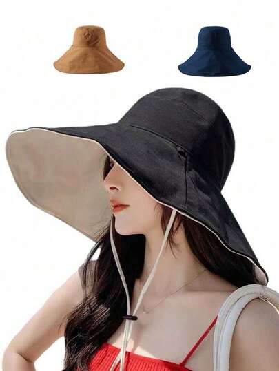 Korean Style Reversible Wide Brim Sun Hat, Black, Fashionable Casual Elegant UV Protection Bucket Hat For Women, Spring/Summer
