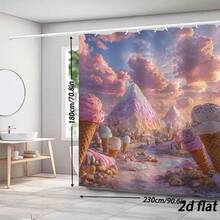 1pc Pastel Ice Cream Cone Mountain Landscape Shower Curtain - Whimsical Bath Decor With 12 Hooks, Ice Cream Parlor Theme Bathtub Divider, Machine Washable 70.8"X70.8" Suitable For Bathroom, 2D Flat - 彩色 - 查看 7