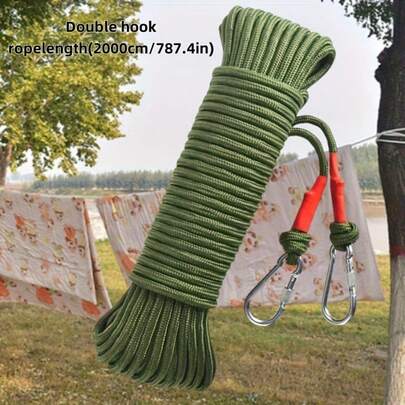 3Pcs (1pc Rope Length 1000cm/2000cm + 2pcs Hook) Green And White Durable Wire Rope Clothesline, Very Suitable For Family Drying Clothes, Sheets, Quilt Covers And Other Items, Outdoor Camping, Best Travel Accessories, Clothesline For Portable Bags.