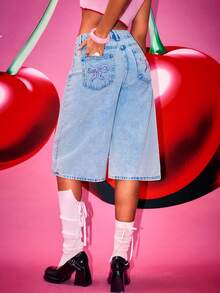 Women's Y2K Style Wide Leg Capri Length Jeans, With Button And Bow Embroidered Pocket Details, Casual Non-Stretch Light Wash Wide Leg Pants Summer - Light Wash - View 7