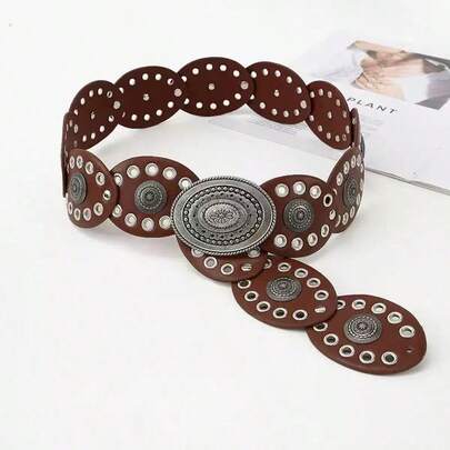 波西米亚风铆钉圆盘拼接腰带，热带印花复古锌合金