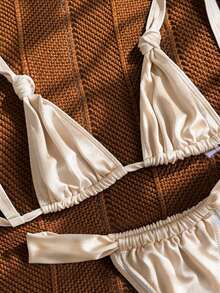 Bikinx Bộ bikini nữ màu trơn, kiểu dáng tam giác, buộc dây, được làm từ chất liệu vải bóng, co giãn tốt, thích hợp cho kỳ nghỉ hè ở bãi biển. - Màu be - Xem 5