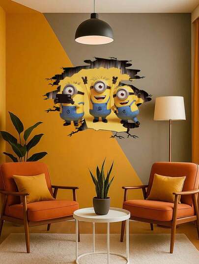 Minions 卡通动漫3D涂鸦主题墙贴，适用于幼儿园和书房装饰，包含墙贴、海报、PVC墙贴