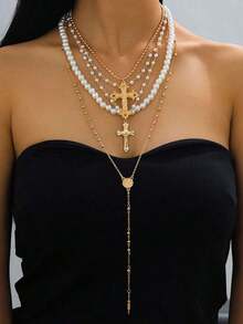 1pc Fashionable Elegant Virgin Mary Embossed Y-Shape Long Necklace, Vintage Religious Cross Pendant Sweater Chain For Women, Suitable For Daily Wear And Gatherings - 多色 4 - 查看 8