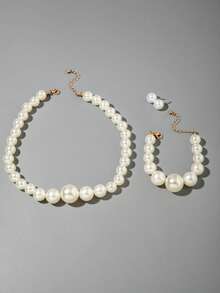 imoli 1 Necklace + 1 Bracelet + 1 Pair Earrings / Fashionable Minimalist Versatile Geometric Faux Pearl Necklace, Bracelet, Earrings Jewelry Set, Suitable For Women's Daily Wear, Jewelry Gift For Friends - 26735-g-eP - View 3