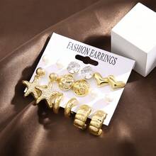 9 Pairs Heart & Geometric Cubic Zirconia Stud Earrings Set Fashion Versatile Jewelry Gift For Women - Vàng 1 - Xem 12