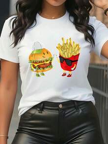 Camiseta divertida con estampado de comida rápida de dibujos animados - Camiseta blanca de cuello redondo con un personaje sosteniendo una hamburguesa con queso y papas fritas.| Muy adecuado para salidas tranquilas y amantes de la comida.| Prenda única para uso diario, solo una pieza de ropa. - Blanco - Ver 7