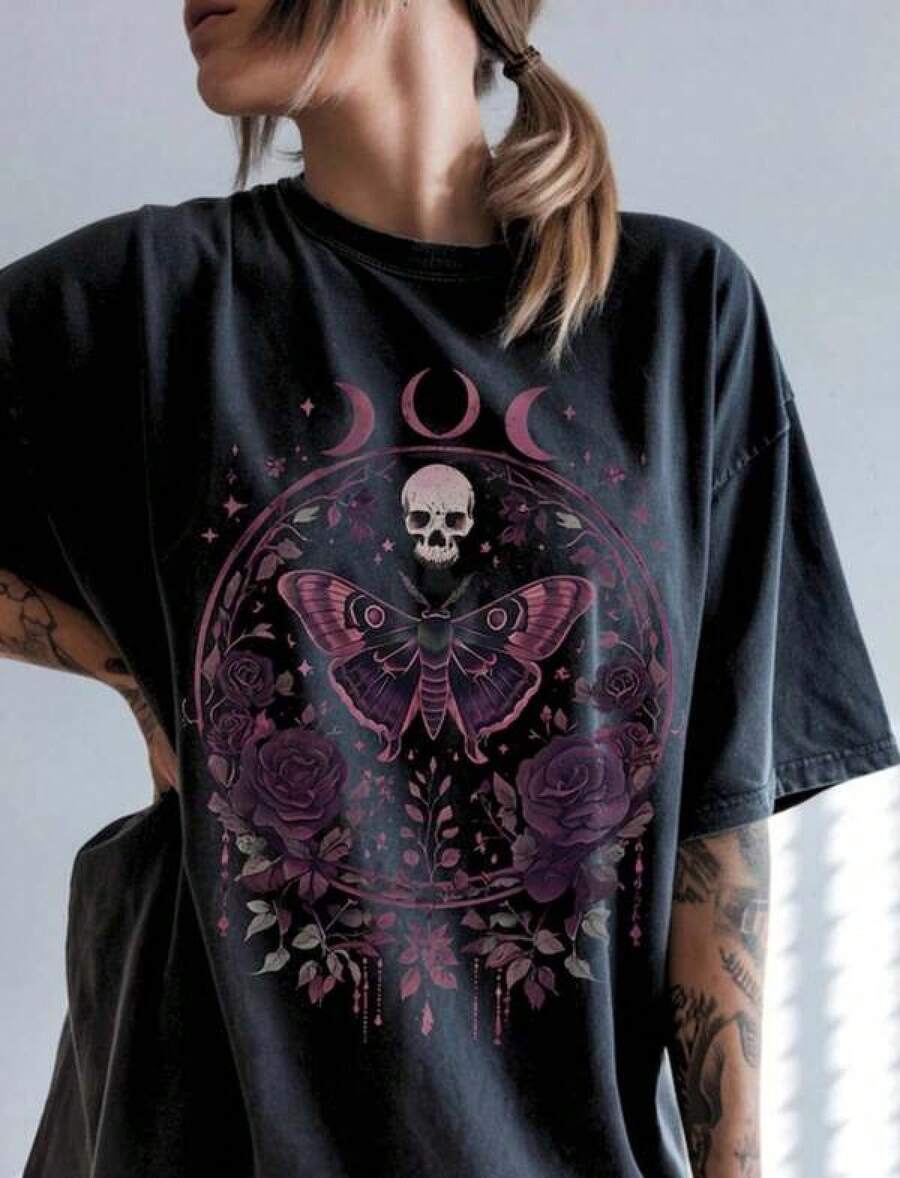 Pattern T Shirt,Cotton T Shirt,Plus-Size Floral Gothic Style Shirt,Dark Rustic Style T Shirt,Witch-Style Shirt,Gothic Mom Shirt,Mysterious Secret Inse - 黑色 - 查看 1
