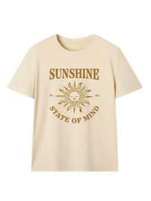 Women's Summer Letter Print Loose Casual T-Shirt, Versatile Daily Casual Wear Style, Graphic Tee, Vacation Outfit - Apricot - View 4