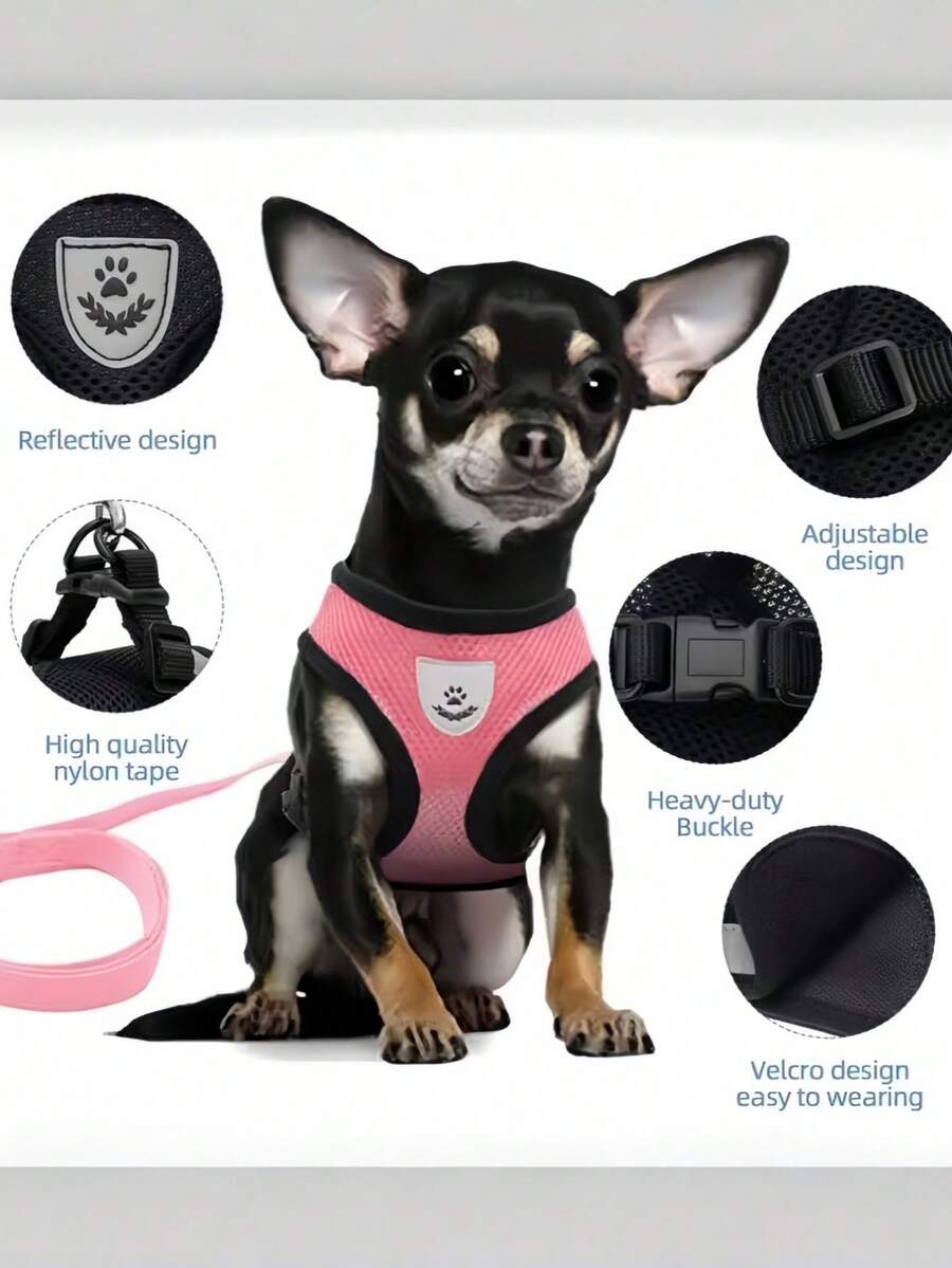 Reflective Breathable Dog Harness & Leash Set, Adjustable Soft Mesh Pet Vest For Small Dogs, Pink - Pink - View 1