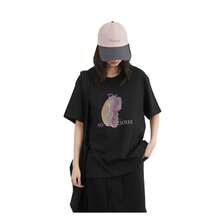 Women's Casual Black Knitted Round Neck Short Sleeve T-Shirt With Bread Graphic Print, Regular Length, Slight Stretch Fabric For Daily Wear - 黑色 - 查看 1