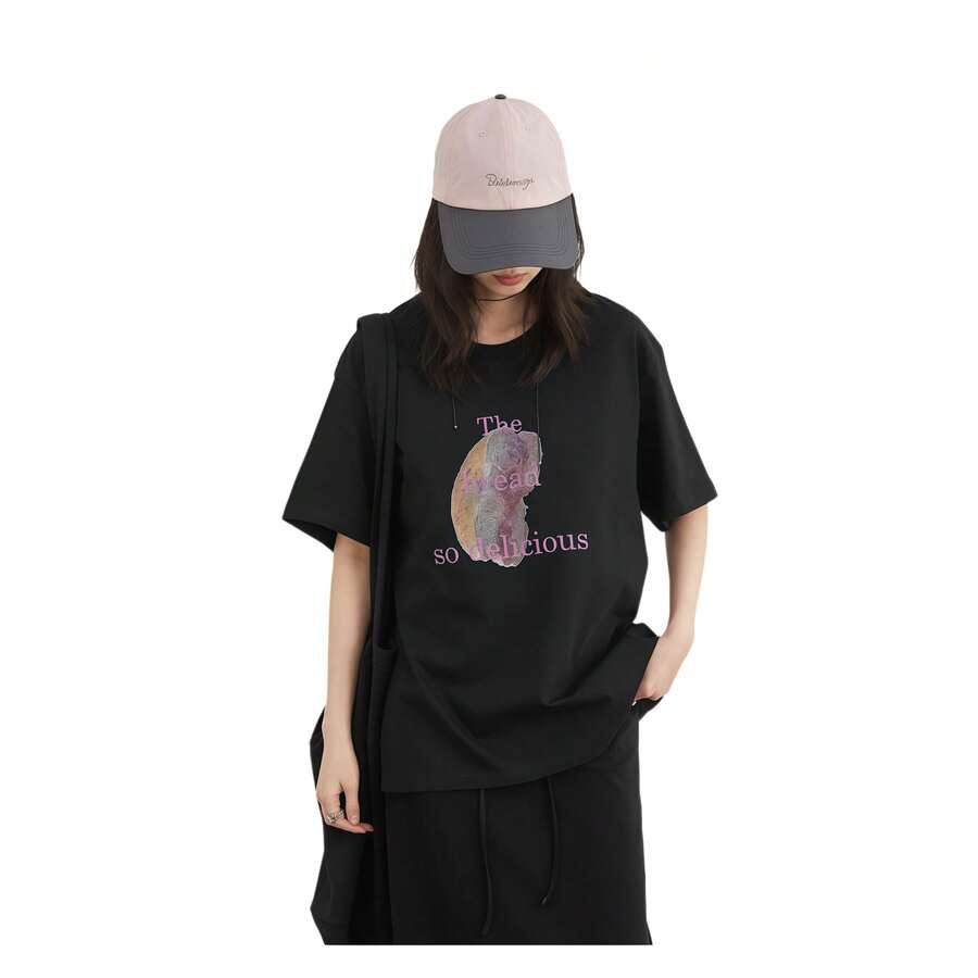 Women's Casual Black Knitted Round Neck Short Sleeve T-Shirt With Bread Graphic Print, Regular Length, Slight Stretch Fabric For Daily Wear - 黑色 - 查看 1