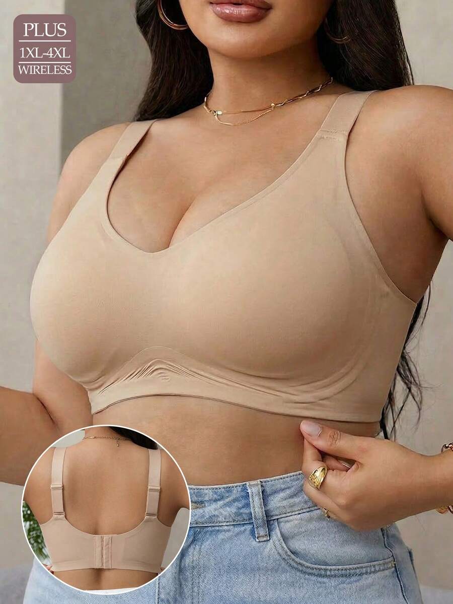 1pc Plus Size Women Khaki Wireless Full Coverage Bra, Comfortable Breathable Sports & Yoga Bra