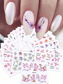 SWEET TREND Conjunto de 24 adesivos de unhas com estampa floral romântica e elegante em aquarela de flores de cerejeira, pétalas de rosa rosa, flores de cerejeira e borboletas, para decoração de unhas em salão de beleza. - Multicolorido - Ver 2