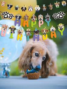 Conjunto de Decorações de Aniversário com Tema de Cachorro e Gato, Faixa de Aniversário e Decorações de Cupcake, Decorações de Festa de Aniversário de Animais de Estimação, Bandeirolas Fofas com Rosto de Filhote de Cachorro, Decoração com Pegadas, Topo de Bolo de Aniversário de Cachorro, Suprimentos de Festa de Aniversário de Amantes de Animais de Estimação para Crianças e Cachorros - A - Visão 7