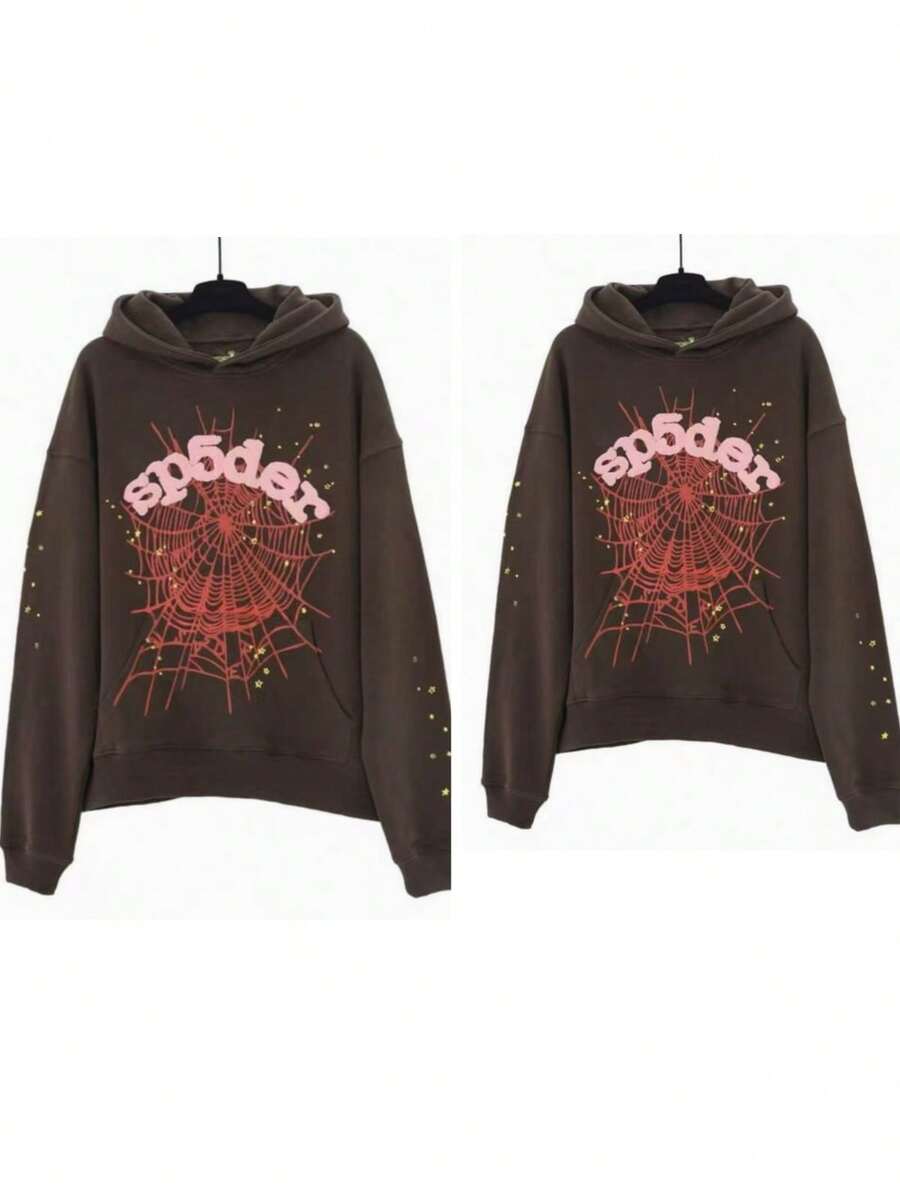 2-Piece Set Men's Hip Hop Spider Web Pattern Graphic Alphabet Print Harajuku Vintage Hoodie Long Sleeve Street Wear Top For Both Men And Women Oversized Hoodies,Y2k Hoodies Hip-Hop Style, - 棕色*2 - 查看 1
