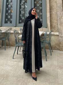 Chiffon Jacquard Muslim Abaya, Muslim Open Front Robe With Headscarf - Classic Black - View 4
