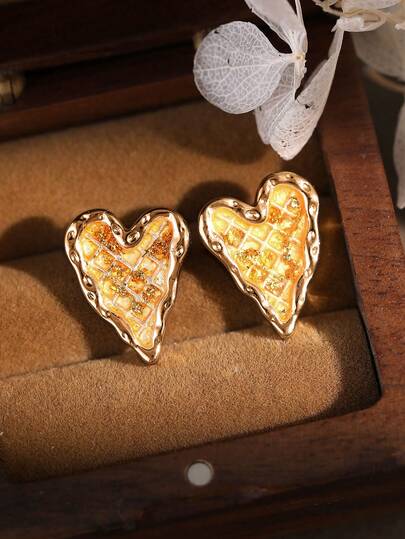 一对Y2K复古心形耳环，复古金属框华夫格耳环，甜美酷炫风格女士耳环，2000年代珠宝礼品