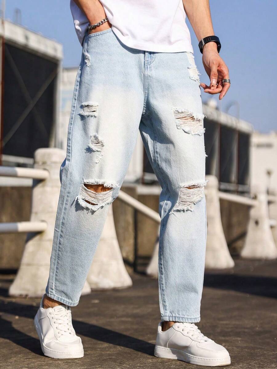 Roughcore Men's Loose Fit Distressed Washed Denim Jeans
