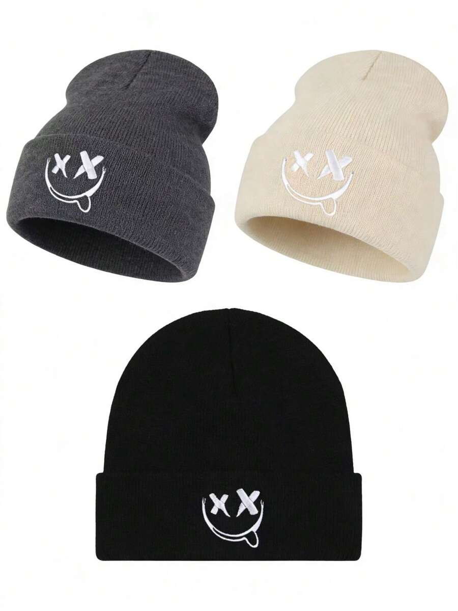 1pc/2pcs Acrylic Embroidered Winter Beanie Hats, Unisex Knitted Casual Caps For Autumn & Winter - A - View 1