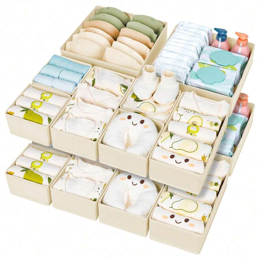 Caixa de Armazenamento Dobrável de Tecido Minimalista, Cesta Organizadora de Gaveta para Roupas Íntimas, Quarto, Adequada para Camisetas Femininas, Calças Pretas, Roupas de Inverno, Vestidos, Blusas, Macacões, Vestidos de Primavera, Tops, Tops de Verão - Bege - Visão 1
