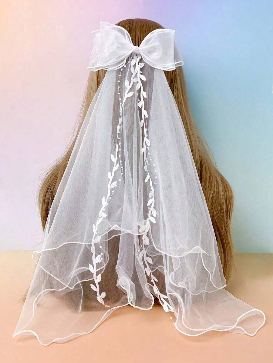 1pc Women White Veil Double Layers Lace Brim Faux Pearl Mesh Bridal Head Piece, For Party Festival Daily Use. Valentine's Day Accessories,Wedding Hair Accessories - White - View 1