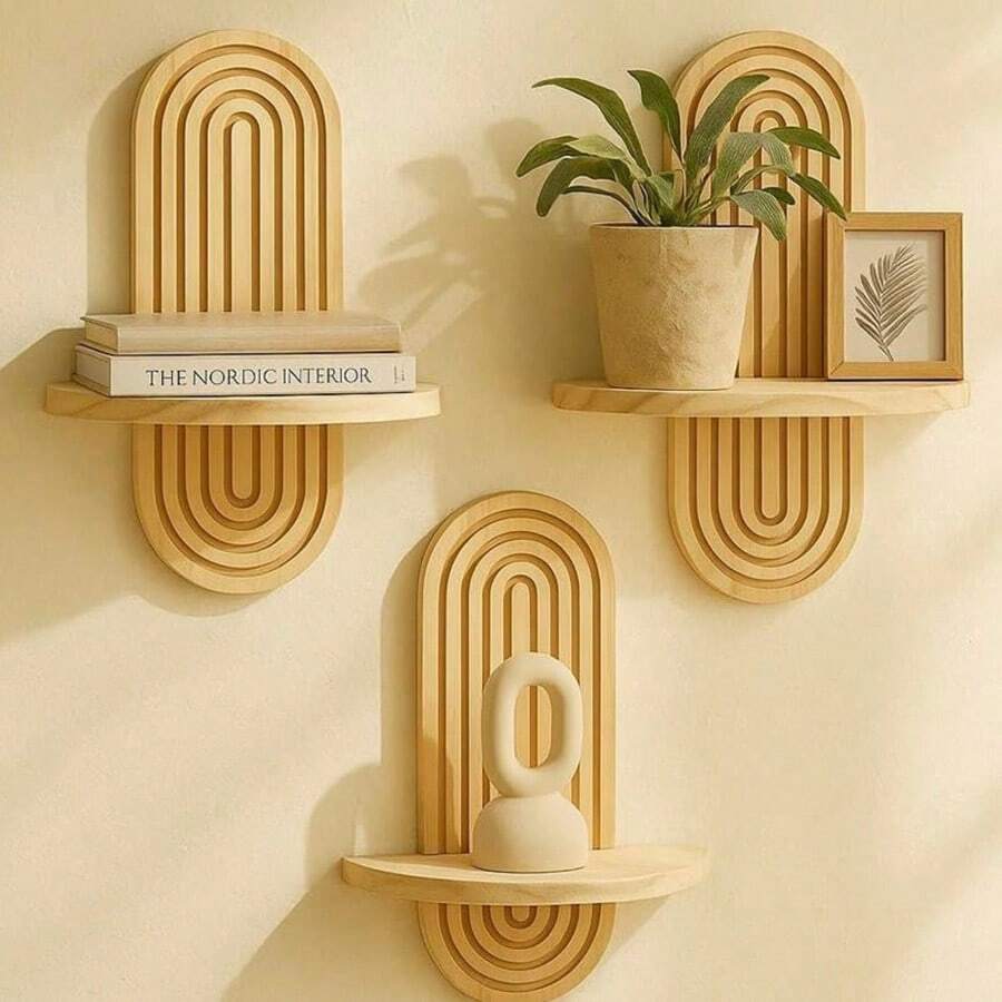 1/2 piezas Estante de pared de madera en forma de arco, soporte colgante minimalista moderno para maceta de flores, para decoración de sala de estar, dormitorio y entrada, acabado natural - Multicolor - Ver 1