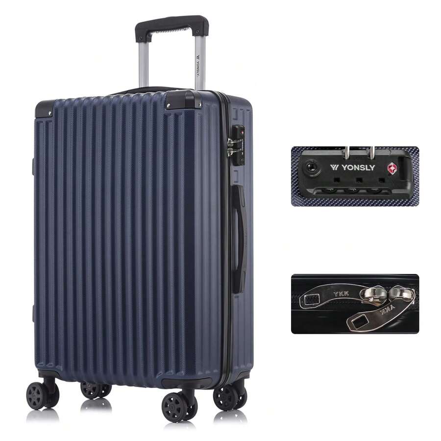 YONSLY Large Suitcase 20/24/28 Inches With YKK Zipper TSA Lock 4 360° Wheels Spinner Mesh Pocket Soft Rubber Handle Travel Suitcase For Short Trips - 深藍 - 查看 1