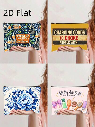 化妆包1个，可收纳发饰和刷具，轻便拉链化妆包，双面印花旅行洗漱包兼零钱包，生日、圣诞节、情人节礼物