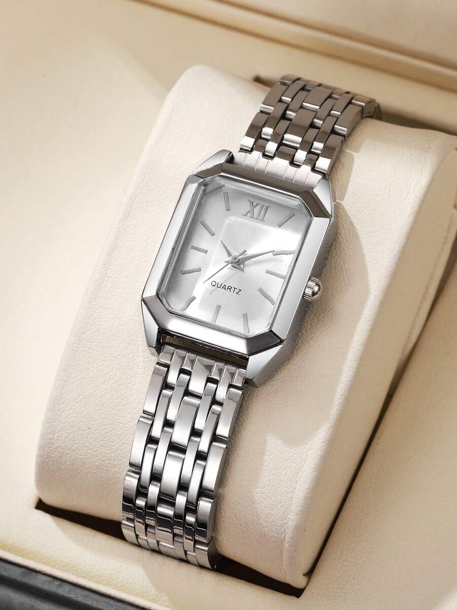 1pc Women's Fashion Square Roman Numeral Dial Quartz Wrist Watch, Classic Elegant Style (Watch Only, No Box) - Silver - View 1