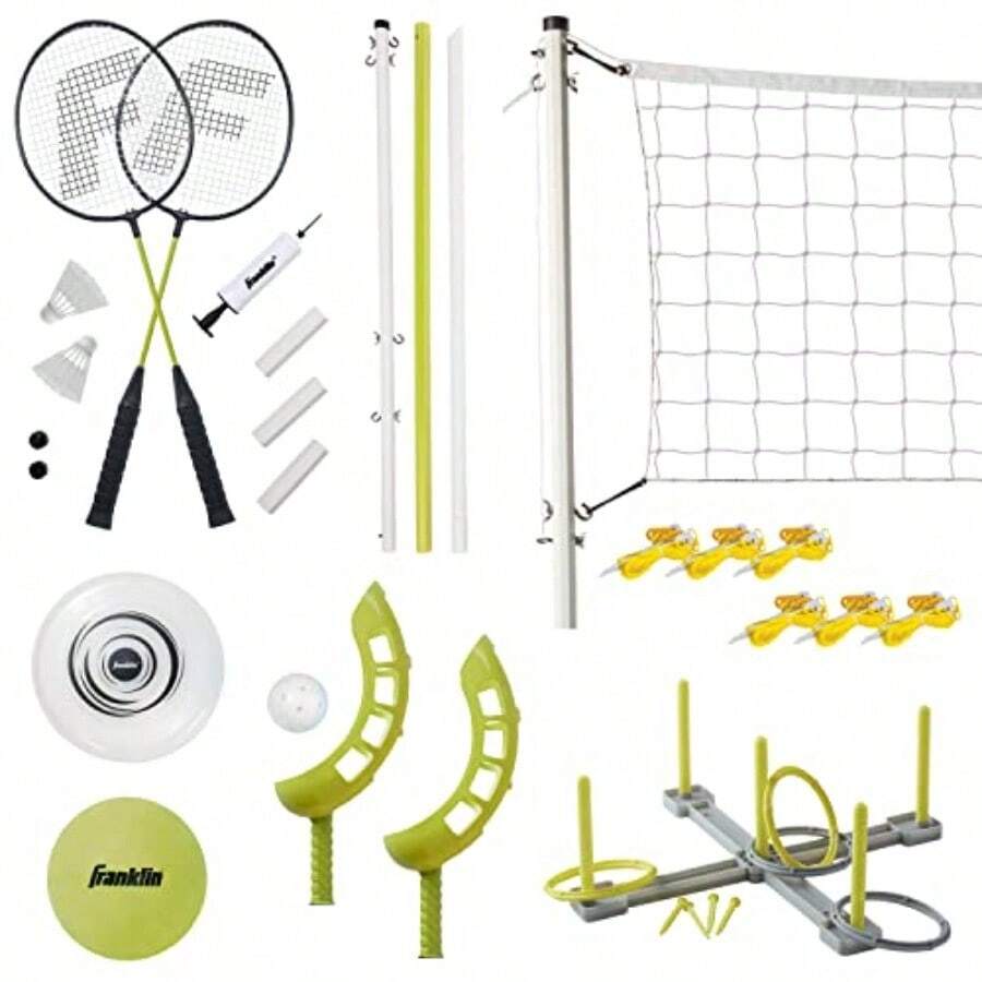 Franklin Sports Fun - Juego de 5 Juegos al Aire última intervensión Patio Playa + Juegos de Camping para niños bádminton Voleibol Volador Disco Volador herraduras o Lanzamiento de Anillos - Conjunto combinado amarillo - Ver 1