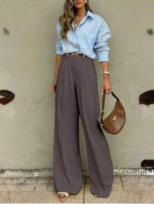 Straight-Leg, Wide-Legged Suit Trousers. Floor-Length. - Dark Grey - View 2