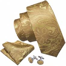 Jacquard Floral Golden Luxury Necktie Mens Tie Handkerchief Cufflinks Set Wedding Formal 3PCS - 金色 - 查看 1