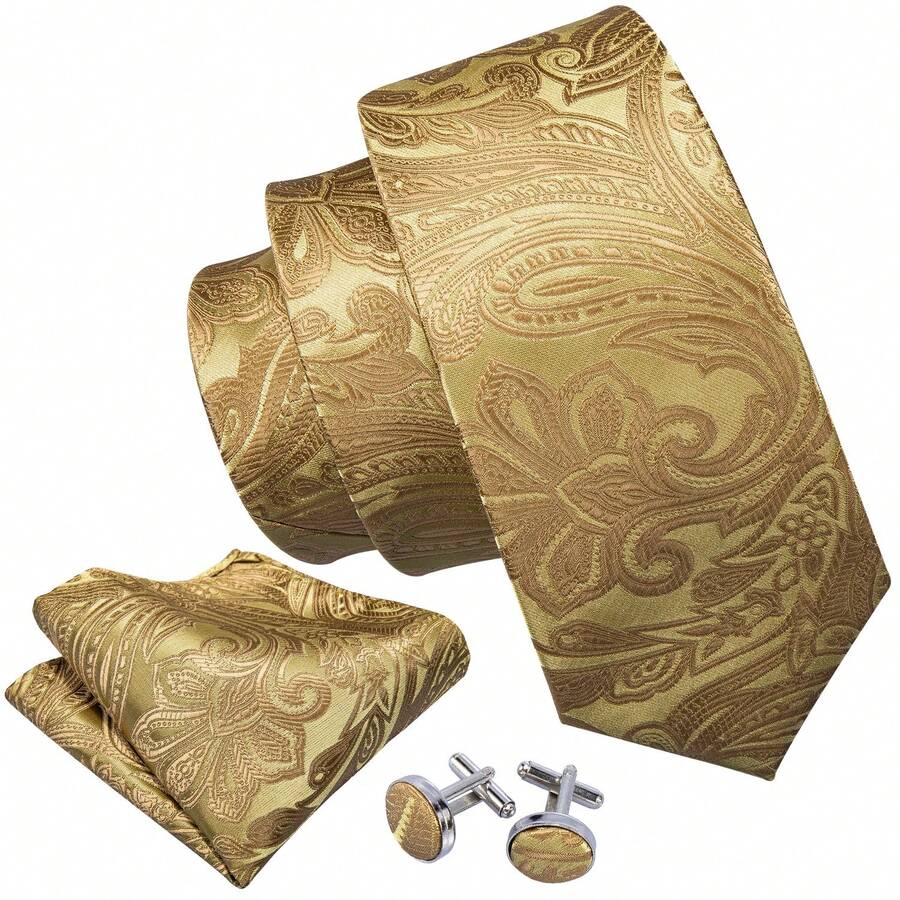 Jacquard Floral Golden Luxury Necktie Mens Tie Handkerchief Cufflinks Set Wedding Formal 3PCS - 金色 - 查看 1