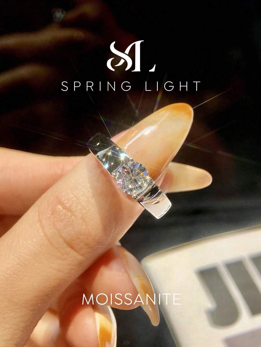 1pc Elegant Minimalist 1-2 Carat Moissanite Diamond Men's Wedding Ring, S925 Sterling Silver, Suitable As Engagement, Boyfriend Anniversary Gift, Groom Fine Jewelry - Silver - View 1