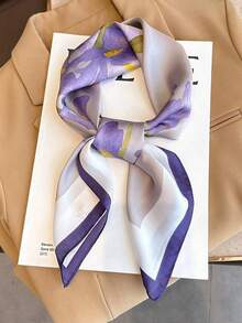 1 pieza Pañuelo cuadrado de 68 cm (26.77 pulgadas) con estampado de seda sintética, accesorio de moda para mujer, pañuelo multifuncional transpirable para la cabeza y el cuello - Morado - Ver 3