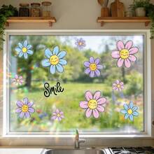 1/2pcs Colorful Floral Electrostatic Window Cling. Smiling Flowers And A "Smile" Sign Design. Removable And Waterproof PVC. Suitable For Home Decoration In Living Rooms, Bedrooms, And Bathrooms. - Multicolor - View 4