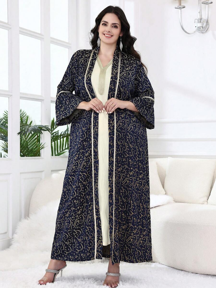ASBB 2026年宰牲节传统刺绣长袍，女士优雅V领长袖荷叶边袖口连衣裙，藏蓝色，春夏时尚度假长袍