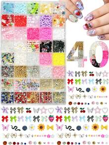 1 Box ABS Cute Bow Nail Art Decorations Set - Colorful 3D Nail Decals Including Flowers, Bows, Fruits And Rhinestones, With Tweezers And Pen, Suitable For Daily Nail DIY And Handmade Nails - Multicolor - View 4