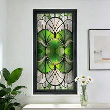 1pc Green Geometric Fan-Shaped Glass Window Film, Removable Vinyl Static Cling Decal. Provides High Privacy Protection, Suitable For Home, Office, Bathroom And Bedroom Decor. Features UV-Blocking And Frosted Effect. - Multicolor - View 8