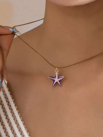 1 Pc Minimalist Enamel Starfish Pendant Necklace For Women - 18K Gold Plated Stainless Steel Chain With Starfish Charm - Ocean Beach Jewelry For Daily And Vacation Wear