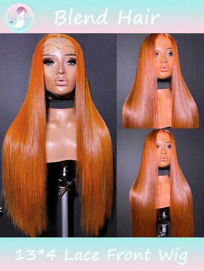 Orange Ginger 180% Density Silky Straight Wig Human Blended Hair 13x4 Transparent Lace Front Wig Pre Plucked With Baby Hair Orange Colored Lace Front Wigs Long Straight Wig For Women(Blended Wigs-A Mix Of Human Blended Hair And Synthetic)Wigs Human Blended Hair/Women's Human Blended Hair Wig/Human Blended Hair Lace Front Wigs/Wigs Glueless/Bleached Knots/Pre Plucked/Lace Wig/Upgrade Your Look/Confidence Boost/Perfect Gift