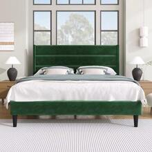 Upholstered Bed 140 X 200 Cm, Bed Frame With Slatted Base And Headboard, Upholstered Double Bed, Dark Green Velvet Fabric Cover, Timeless Modern Design, Youth Bed - Green - View 4