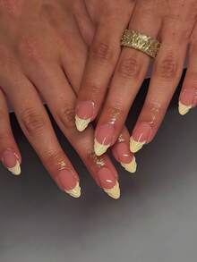 Add A Touch Of Romance With 24pcs Almond Nails 3D Gel Minimalism Fresh Yellow French Full Coverage Fake Nail Tips For Women And Girls Press On Nails Includes 1sheet Adhesive Tabs & 1pc Mini File Suitable For Summer Party Office Daily Wear False Nails Jelly Glue Is Randomly Shipped - Multicolor - View 1