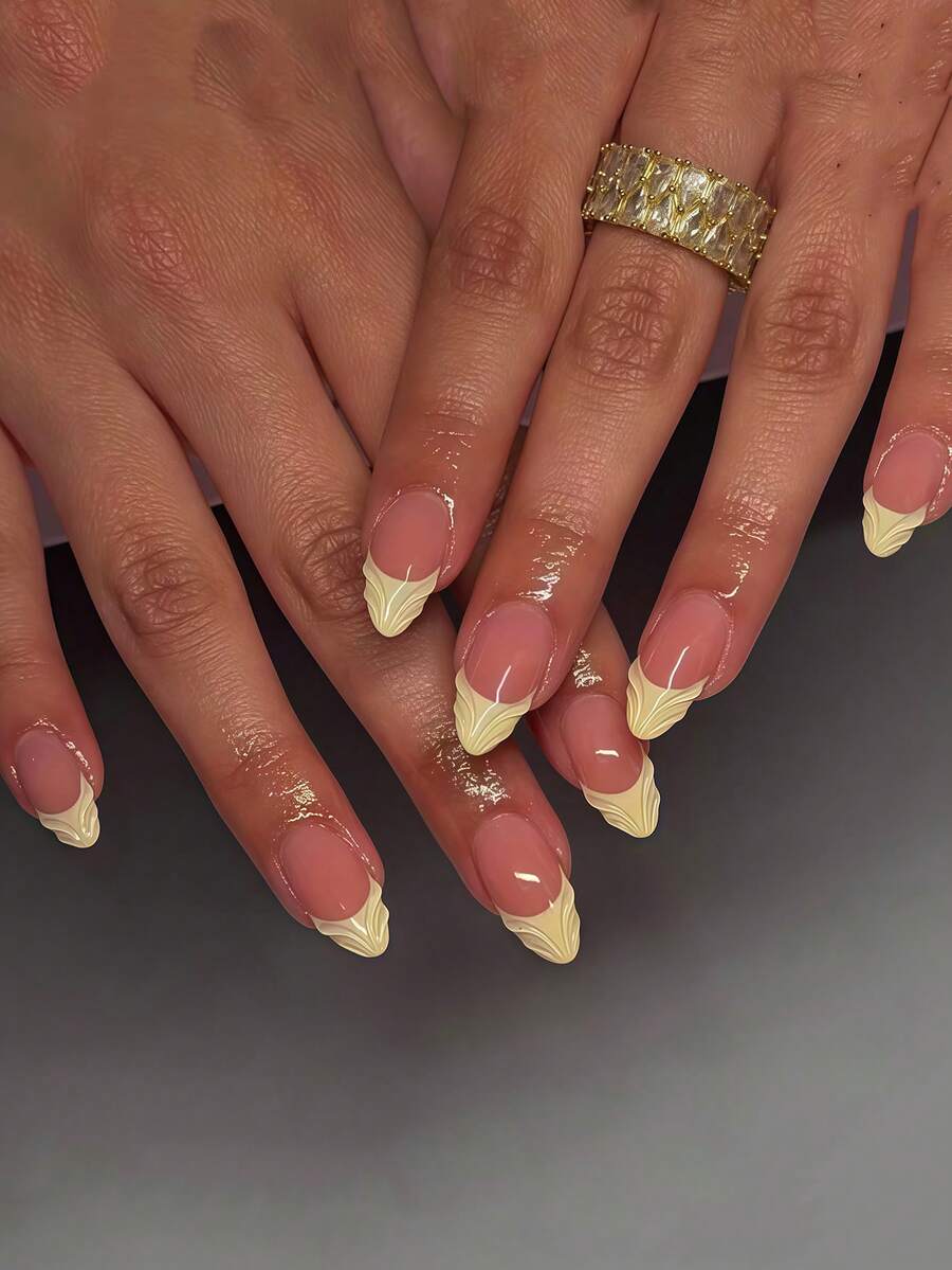 Add A Touch Of Romance With 24pcs Almond Nails 3D Gel Minimalism Fresh Yellow French Full Coverage Fake Nail Tips For Women And Girls Press On Nails Includes 1sheet Adhesive Tabs & 1pc Mini File Suitable For Summer Party Office Daily Wear False Nails Jelly Glue Is Randomly Shipped - Multicolor - View 1