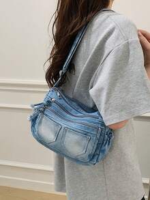 New Casual Chic Soft Jeans Multi-Layer Crossbody Bag With Multiple Pockets, Versatile Commuter Large Capacity Women's Shoulder Bag, Suitable For Work Commuting, Shopping And Traveling. - Màu xanh lam - Xem 3