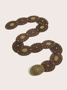 1条女士波西米亚风棕色拼接复古牛头金属扣复古皮带，适合搭配连衣裙、牛仔裤、音乐节、通勤装束 - 棕色牛頭 - 查看 12