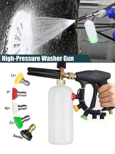 Short-Handle High-Pressure Washer Gun, Foam Cannon With 1/4 Inch Quick Connector, Washer Gun With 5 Pressure Washer Nozzle Tips, M22-14 Mm Inlet Connector, Suitable For Washing Cars, Cleaning Roads