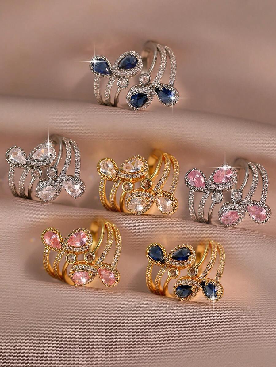 1pc Elegant Water Drop&Round Sparkle Openable Rings Fashion Cubic Zirconia Bohemian Women Ring For Bride Engagement Birthday Holiday, Travel For Mother's Day Copper Jewelry - Water Droplets - View 1